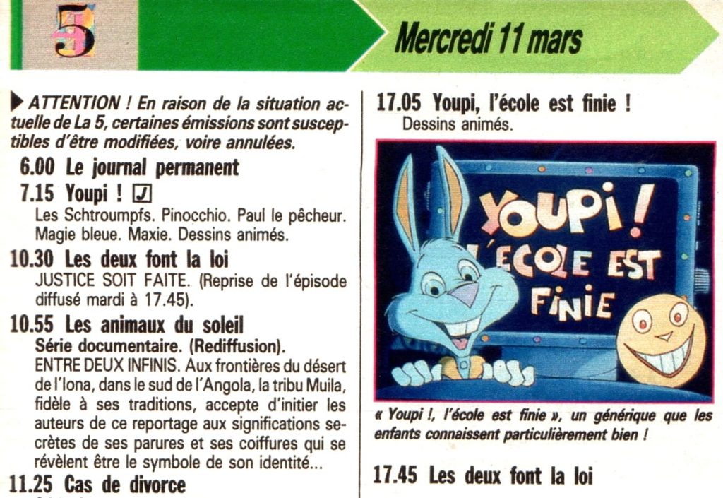 Programme TV - la Cinq - 1992